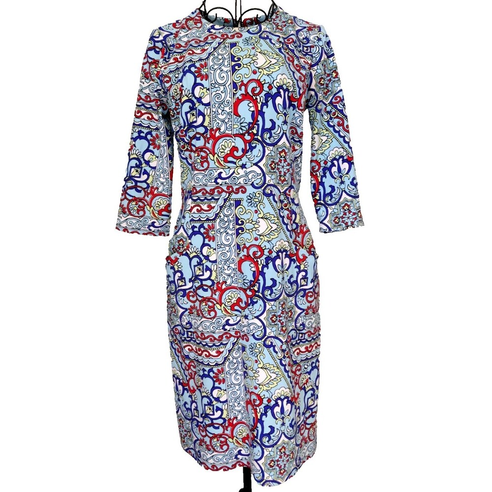 J McLaughlin Travel Dress Sz S Geometric with POCKETS and Princess Seams